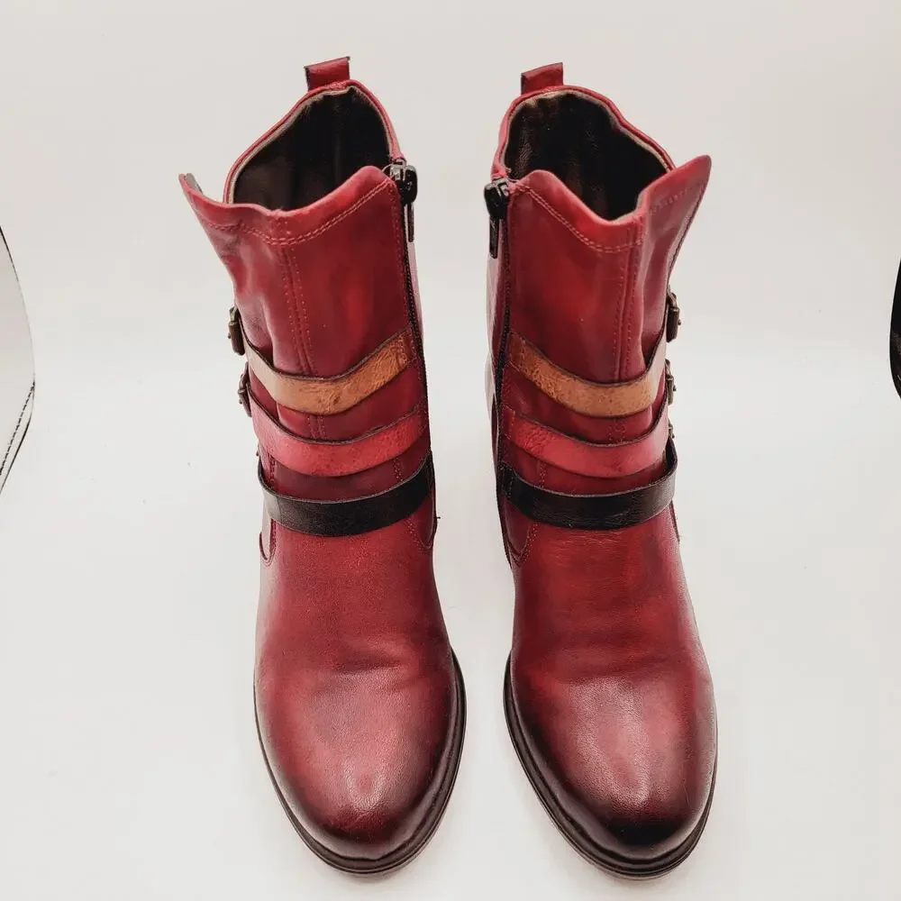 Remonte Red Leather Burnished Toe Tri-Colored Straps 2" Heel Artistic Boot Sz 37 - Picture 4 of 14
